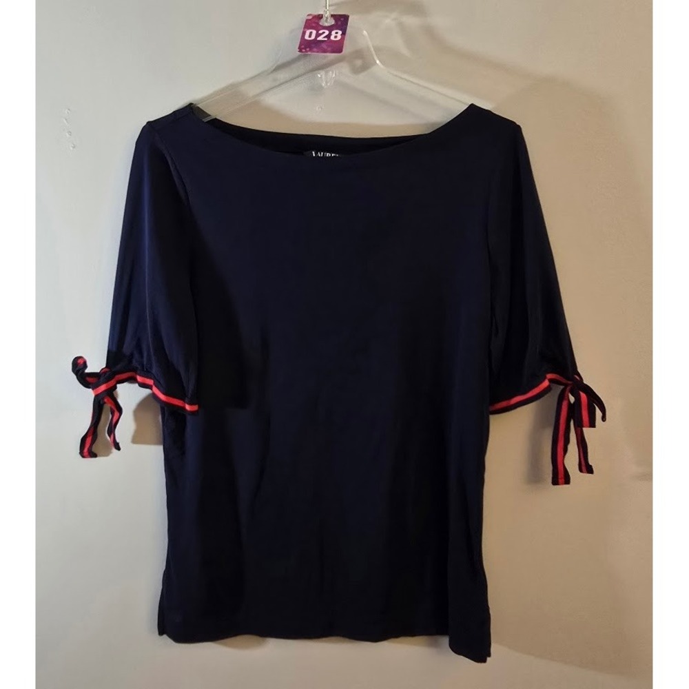 Lauren Ralph Lauren Womens Boat Neck Top Navy Red Tie Sleeve Cotton Blend Sz XL